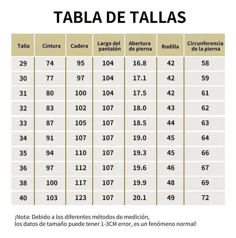Tabla de tallas 29 a 40